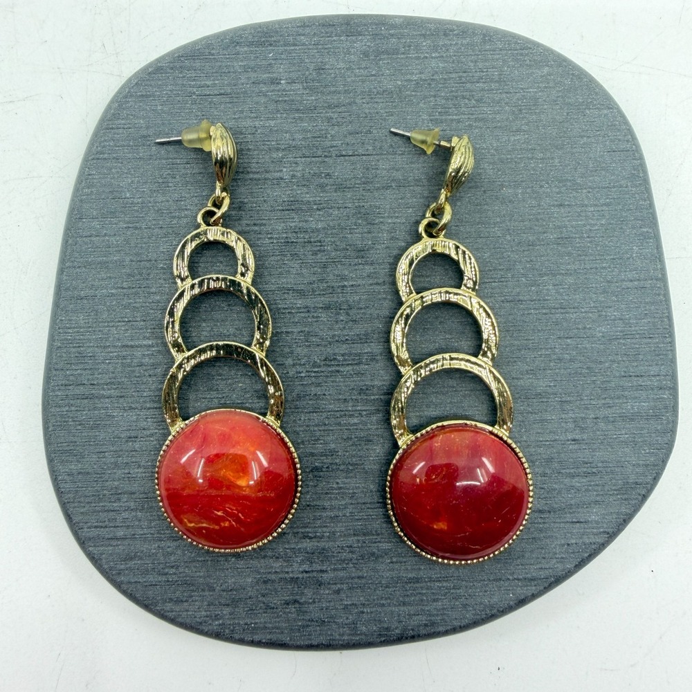 Orange Red Marbled Cabochon Gold Tone Triple Hoop Long Dangle Statement Earrings